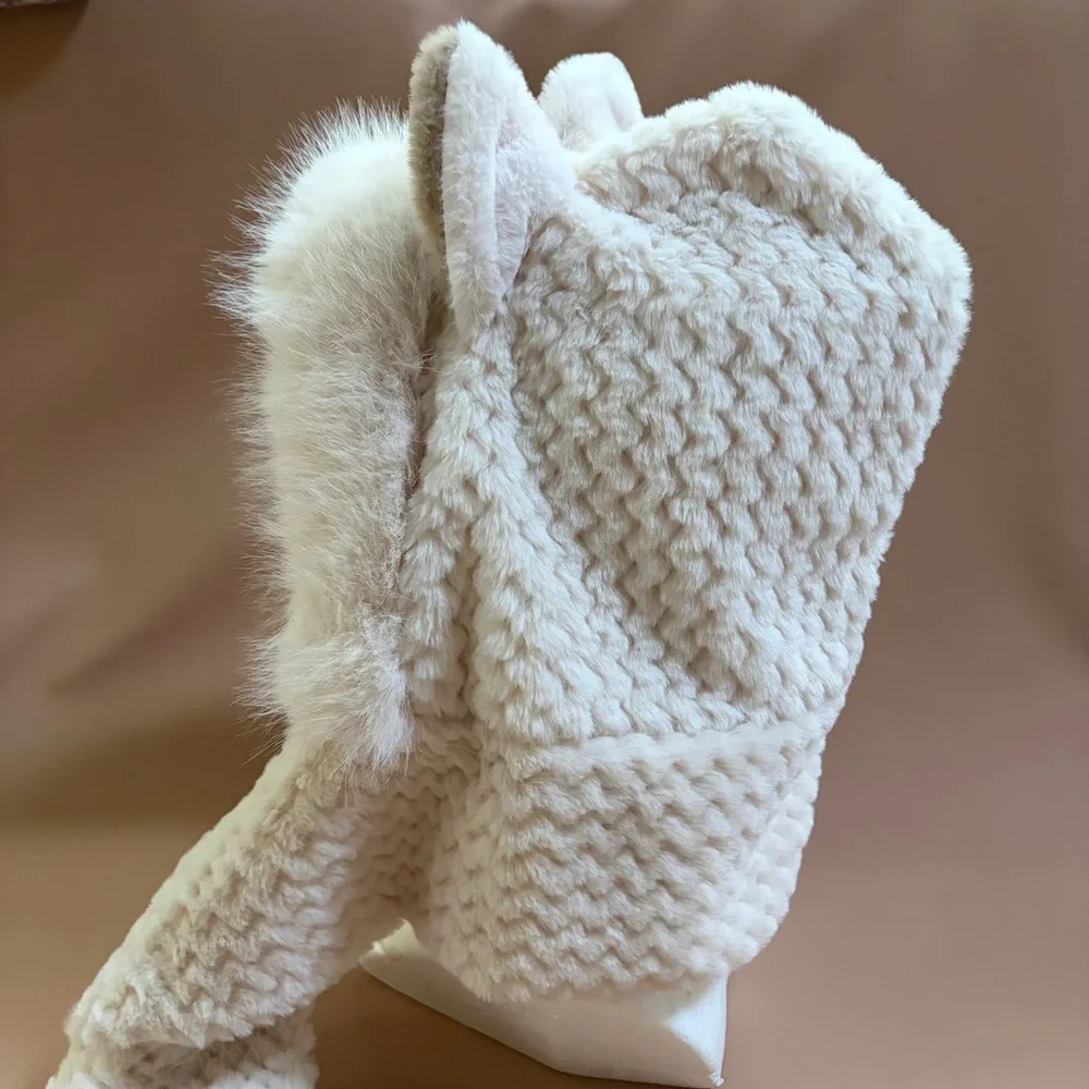 Mona Momo Ivory Faux Fur Animal Ear Hood Scarf Balaclava Winter Hat Cream Minky